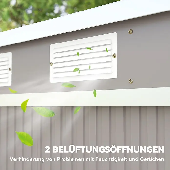 Outsunny Gerätehaus - Außenbreite inkl. Dachüberstand: 213 cm, Außentiefe inkl. Dachüberstand: 130 cm, Stahl, Hellgrau - Zwei weiße Lüftungsöffnungen an einer grauen Wand mit wehenden Blättern zur Vermeidung von Feuchtigkeit und Gerüchen.
