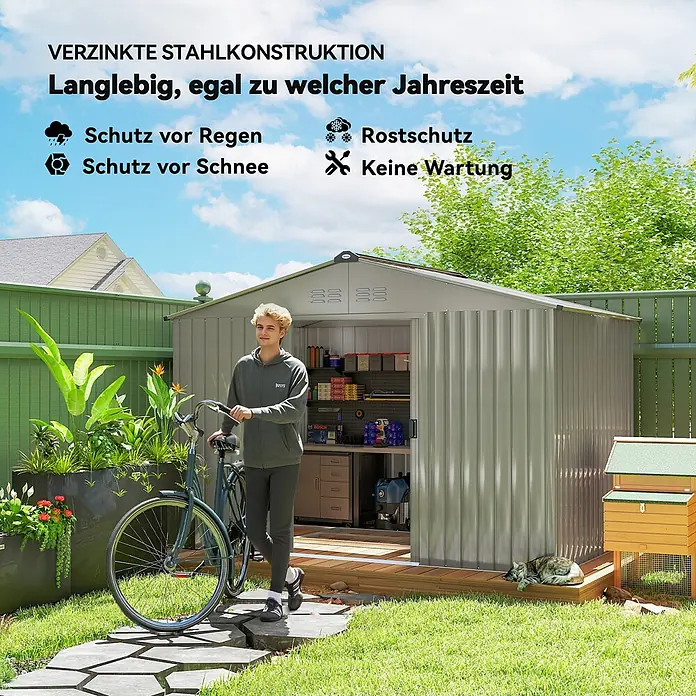 Outsunny Gerätehaus - Außenbreite inkl. Dachüberstand: 277 cm, Außentiefe inkl. Dachüberstand: 195 cm, Stahl, Grau - Verzinkter Stahl-Gartenschuppen im Garten, offen mit gelagerten Werkzeugen. Bietet langlebigen, wetterfesten Stauraum.
