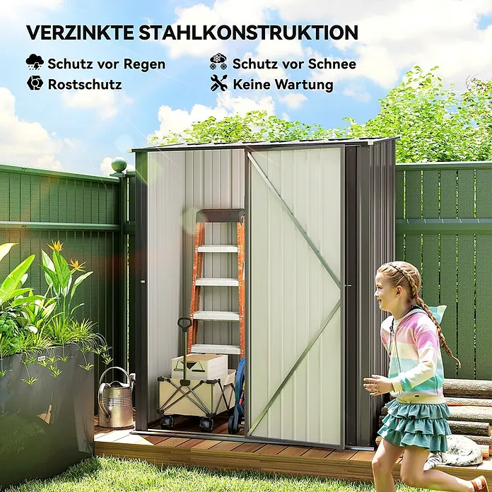 Outsunny Gerätehaus - Außenbreite inkl. Dachüberstand: 162 cm, Stahl, Hellgrau - Verzinkter Stahl-Gartenschuppen mit Schiebetüren, offen für Stauraum, auf einer Holzterrasse im Garten.