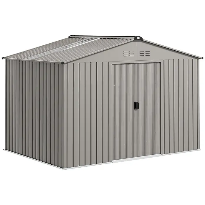 Outsunny Gerätehaus - Außenbreite inkl. Dachüberstand: 277 cm, Außentiefe inkl. Dachüberstand: 195 cm, Stahl, Grau - Graues Metall-Gartenhaus mit Satteldach, lichtdurchlässigen Platten, Lüftungsschlitzen und Schiebetür.