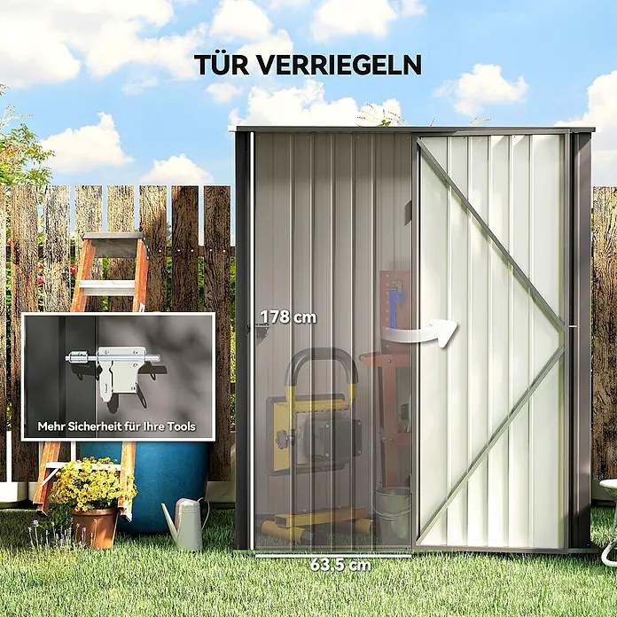 Outsunny Gerätehaus - Außenbreite inkl. Dachüberstand: 162 cm, Stahl, Hellgrau - Graues Metall-Gartenhaus mit verschiebbarer, abschließbarer Tür (178x63,5 cm) für Werkzeugsicherheit. Einsatz zeigt robustes Bolzenschloss.