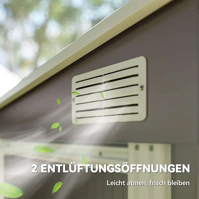 Outsunny Gerätehaus - Außenmaß inkl. Dachüberstand (B x T): 206 x 154 cm, Stahl, Hellgrau - Hellbeiges Lüftungsgitter an dunkler Struktur mit Luftzug und Blättern, symbolisiert frische Luft und gute Belüftung.
