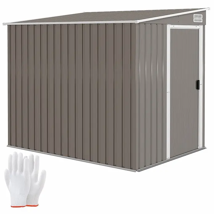 Outsunny Gerätehaus - Außenmaß inkl. Dachüberstand (B x T): 206 x 154 cm, Stahl, Hellgrau - Braun-grauer Metall-Gartenschuppen mit Pultdach und Seitentür, inklusive weißen Arbeitshandschuhen.