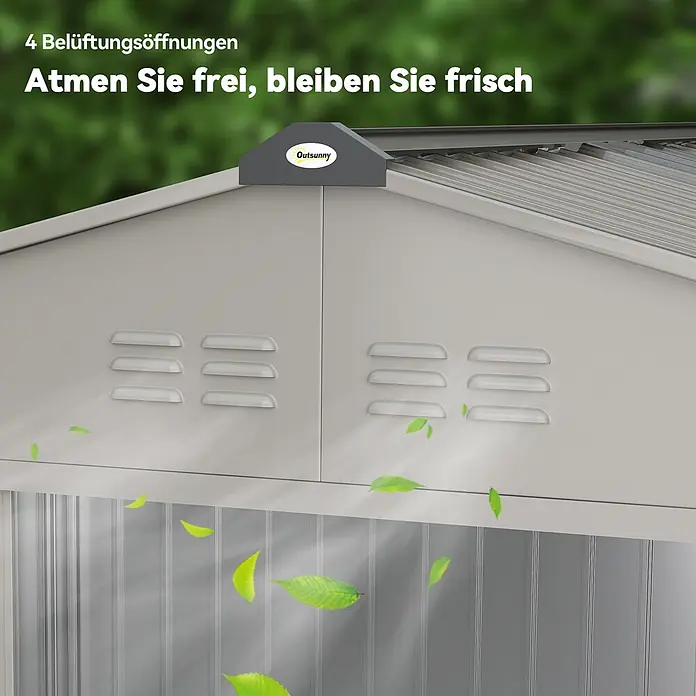 Outsunny Gerätehaus - Außenbreite inkl. Dachüberstand: 277 cm, Außentiefe inkl. Dachüberstand: 195 cm, Stahl, Grau - Grauer Metallschuppen mit 4 Belüftungsöffnungen sorgt für frische Luft.