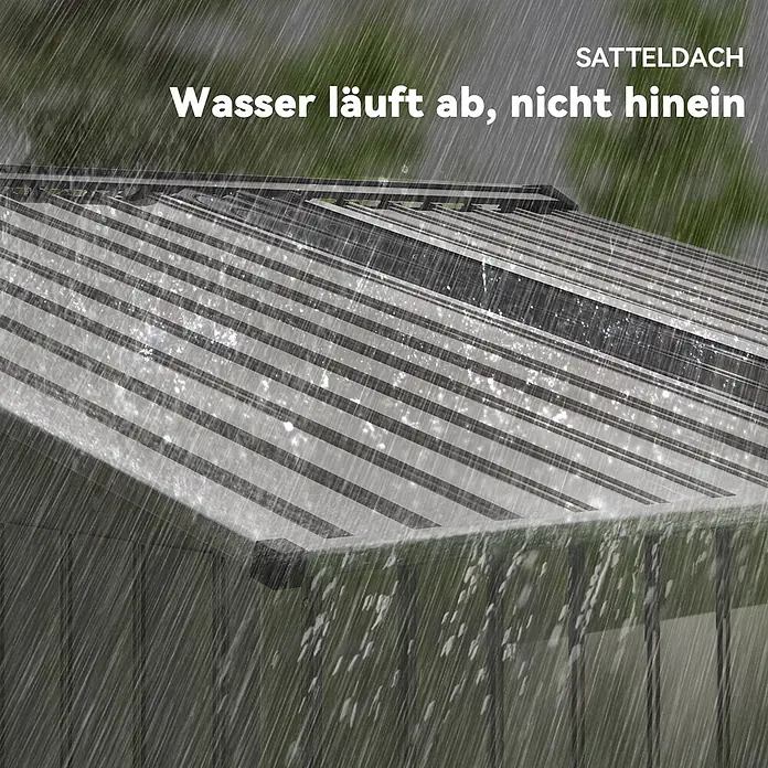 Outsunny Gerätehaus - Außenbreite inkl. Dachüberstand: 277 cm, Außentiefe inkl. Dachüberstand: 195 cm, Stahl, Grau - Satteldach leitet starken Regen effektiv ab, sodass Wasser abläuft, nicht hinein.