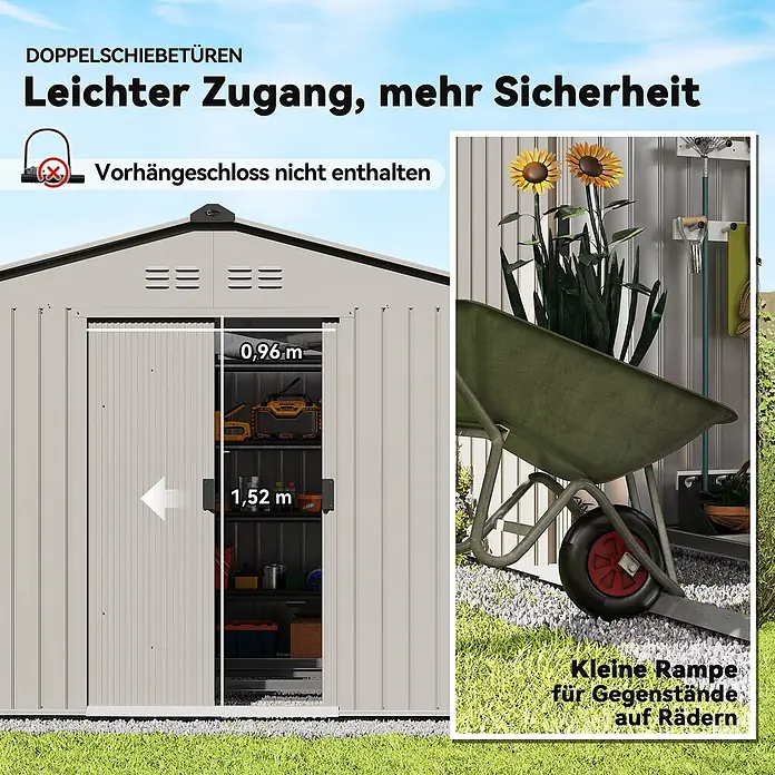 Outsunny Gerätehaus - Außenbreite inkl. Dachüberstand: 277 cm, Außentiefe inkl. Dachüberstand: 195 cm, Stahl, Grau - Grauer Gartenschuppen mit Doppelschiebetüren, einem Sicherheitsriegel und einer kleinen Rampe für einfachen Zugang.