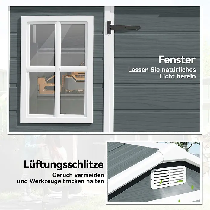 Outsunny Gerätehaus - Außenbreite inkl. Dachüberstand: 244 cm, Außentiefe inkl. Dachüberstand: 131 cm, Kunststoff, Grau - Graues Gartenhaus mit Fenster für Tageslicht und Lüftungsschlitz, um Werkzeuge trocken und geruchsfrei zu halten.