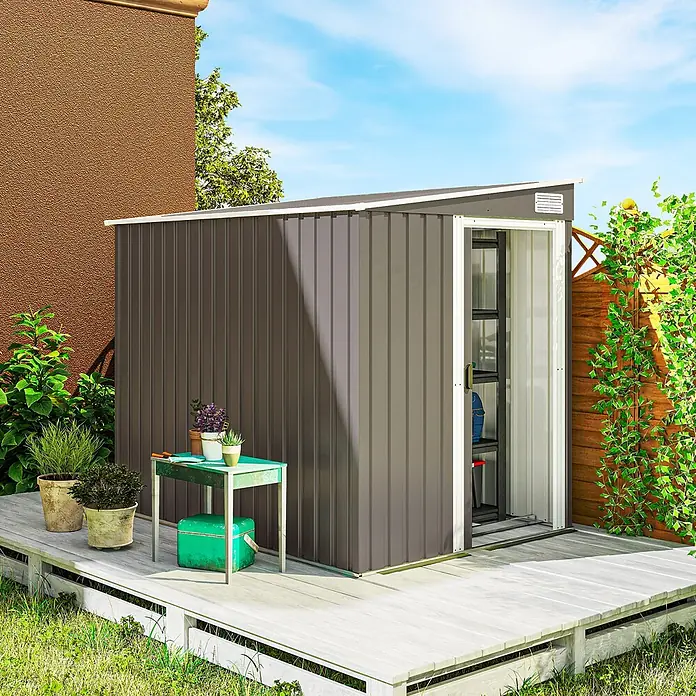 Outsunny Gerätehaus - Außenmaß inkl. Dachüberstand (B x T): 206 x 154 cm, Stahl, Hellgrau - Dunkelgraues Metall-Gartenhaus mit weißem Rand auf Holzterrasse, Tür offen, Regale sichtbar.