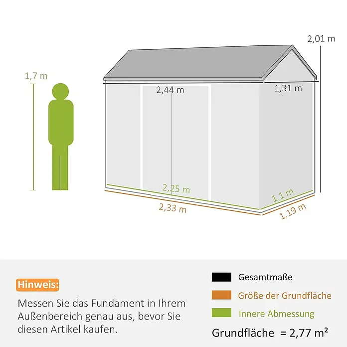 Outsunny Gerätehaus - Außenbreite inkl. Dachüberstand: 244 cm, Außentiefe inkl. Dachüberstand: 131 cm, Kunststoff, Grau - Ein Gartenhaus mit Maßen für Außen, Innen und Fundament, daneben eine 1,7 m große Person als Größenvergleich.