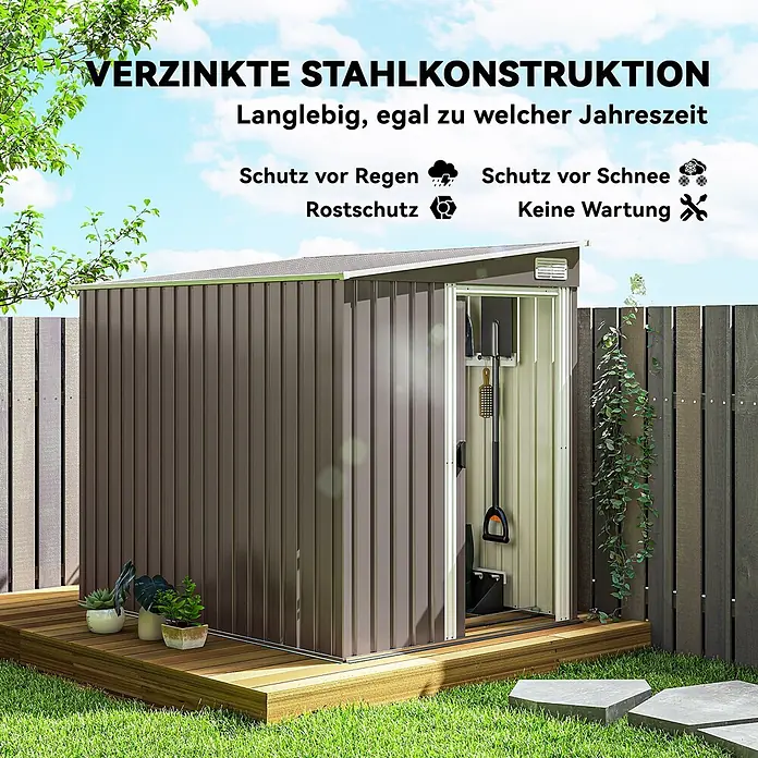 Outsunny Gerätehaus - Außenmaß inkl. Dachüberstand (B x T): 206 x 154 cm, Stahl, Hellgrau - Brauner Geräteschuppen aus verzinktem Stahl auf einer Holzterrasse im Garten. Langlebig, wetterfest, rostfrei und wartungsfrei.