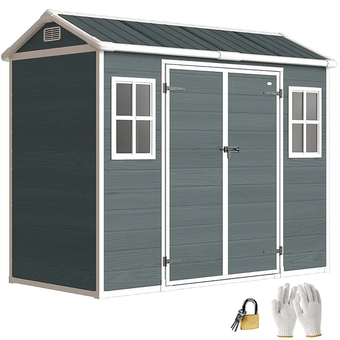 Outsunny Gerätehaus - Außenbreite inkl. Dachüberstand: 244 cm, Außentiefe inkl. Dachüberstand: 131 cm, Kunststoff, Grau - Dunkelgraues Gartenhaus mit weißem Rahmen, Doppeltür und zwei Fenstern. Inkl. Vorhängeschloss, Schlüssel und Handschuhe.