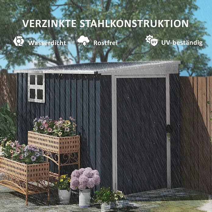 Outsunny Gerätehaus - Außenbreite inkl. Dachüberstand: 128 cm, Außentiefe inkl. Dachüberstand: 231 cm, Stahl, Dunkelgrau - Dunkelgraues Gartenhaus aus verzinktem Stahl, wasserdicht, rostfrei und UV-beständig, in einer Gartenumgebung.