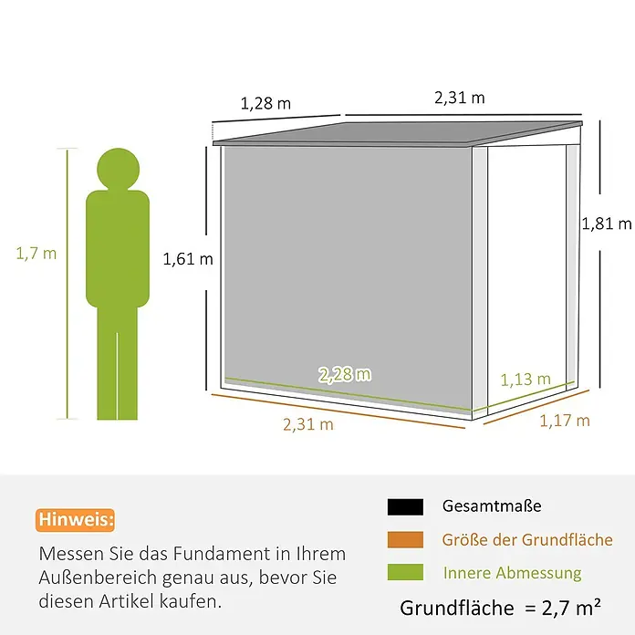 Outsunny Gerätehaus - Außenbreite inkl. Dachüberstand: 128 cm, Außentiefe inkl. Dachüberstand: 231 cm, Stahl, Dunkelgrau - Maße eines grauen Schuppens: L 2,31m, B 1,28m, H bis 1,81m. Person (1,7m) als Größenvergleich. Grundfläche 2,7m².
