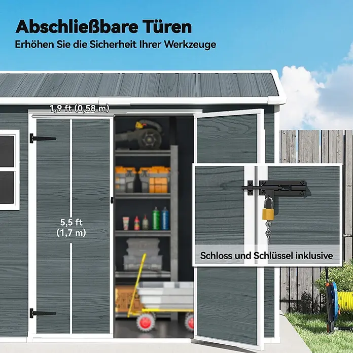 Outsunny Gerätehaus - Außenbreite inkl. Dachüberstand: 244 cm, Außentiefe inkl. Dachüberstand: 131 cm, Kunststoff, Grau - Dunkelgrauer Geräteschuppen mit abschließbaren Doppeltüren, Vorhängeschloss und Schlüsseln zur Werkzeugsicherung. Türmaße sind angegeben.