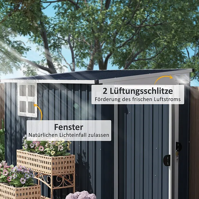 Outsunny Gerätehaus - Außenbreite inkl. Dachüberstand: 128 cm, Außentiefe inkl. Dachüberstand: 231 cm, Stahl, Dunkelgrau - Dunkelblauer Wellblech-Gartenschuppen mit weißem Fenster und zwei oberen Lüftungsschlitzen, in einem sonnigen Garten mit Bäumen und Blumen.