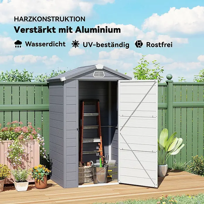 Outsunny Gerätehaus - Außenbreite inkl. Dachüberstand: 133 cm, Außentiefe inkl. Dachüberstand: 102 cm, Kunststoff, Dunkelgrau - Graues Gartenhaus aus Harz mit Aluminium verstärkt, wasserdicht, UV-beständig, rostfrei, im Garten mit offener Tür und Werkzeug.