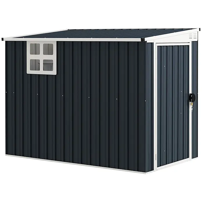 Outsunny Gerätehaus - Außenbreite inkl. Dachüberstand: 128 cm, Außentiefe inkl. Dachüberstand: 231 cm, Stahl, Dunkelgrau - Dunkelgrauer Metall-Gartenschuppen mit weißem Rand, Pultdach, Fenster und abschließbarer Tür.