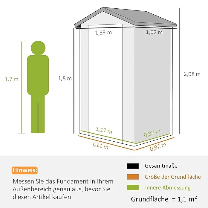 Outsunny Gerätehaus - Außenbreite inkl. Dachüberstand: 133 cm, Außentiefe inkl. Dachüberstand: 102 cm, Kunststoff, Dunkelgrau - Maße eines Gartenhauses mit einer Person zum Größenvergleich. Externe Höhe bis zu 2,08m, Grundfläche 1,1 m².
