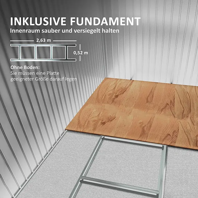 Outsunny Gerätehaus - Außenbreite inkl. Dachüberstand: 280 cm, Außentiefe inkl. Dachüberstand: 130 cm, Stahl, Dunkelgrau - Metallfundamentrahmen (2,63m x 0,52m) teilweise mit einer Holzfußbodenplatte bedeckt. Für einen sauberen, versiegelten Innenraum.