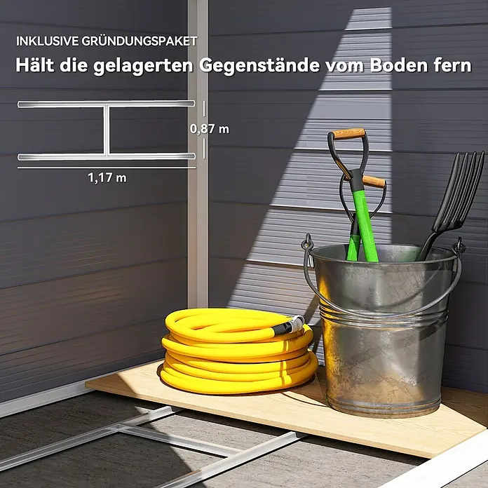 Outsunny Gerätehaus - Außenbreite inkl. Dachüberstand: 133 cm, Außentiefe inkl. Dachüberstand: 102 cm, Kunststoff, Dunkelgrau - Metallisches Gründungspaket mit Holzfußboden für ein Gartenhaus, hält einen gelagerten gelben Schlauch, Eimer und Werkzeuge vom Boden fern. Maße 1,17 m x 0,87 m.