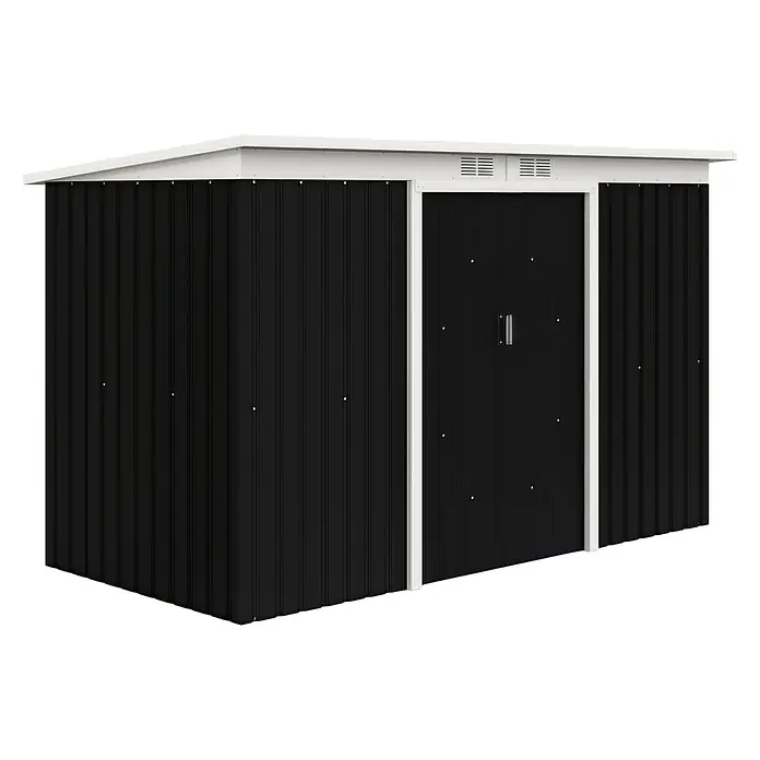 Outsunny Gerätehaus - Außenbreite inkl. Dachüberstand: 280 cm, Außentiefe inkl. Dachüberstand: 130 cm, Stahl, Dunkelgrau - Schwarzer Metall-Gartenschuppen mit weißem Pultdach und Türrahmen, mit Wellblechwänden zur Aufbewahrung.