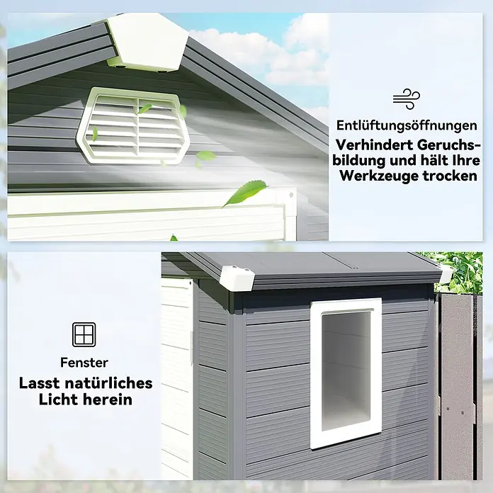 Outsunny Gerätehaus - Außenbreite inkl. Dachüberstand: 133 cm, Außentiefe inkl. Dachüberstand: 102 cm, Kunststoff, Dunkelgrau - Graues und weißes Gartenhaus mit Lüftungsöffnungen zur Geruchsvermeidung und Trockenhaltung der Werkzeuge sowie einem Fenster für natürliches Licht.