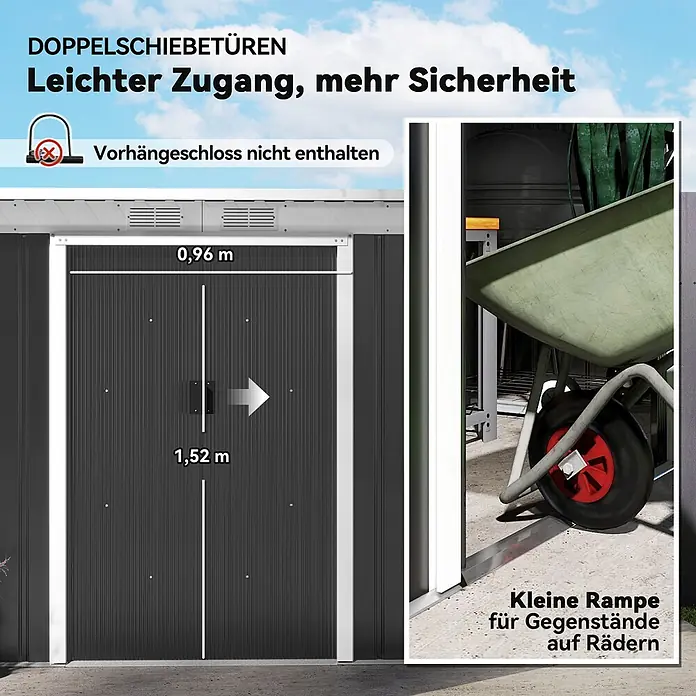 Outsunny Gerätehaus - Außenbreite inkl. Dachüberstand: 280 cm, Außentiefe inkl. Dachüberstand: 130 cm, Stahl, Dunkelgrau - Dunkelgraues Metallschuppen mit Doppelschiebetüren und kleiner Rampe für einfachen Zugang von Gegenständen auf Rädern.