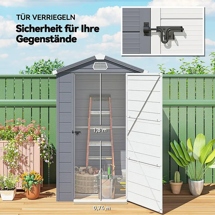 Outsunny Gerätehaus - Außenbreite inkl. Dachüberstand: 133 cm, Außentiefe inkl. Dachüberstand: 102 cm, Kunststoff, Dunkelgrau - Dunkelgraues Gartenhaus mit offener weißer Tür, Innenraum und Sicherheitsschloss. Maße: 1,8m hoch, 0,74m breit.
