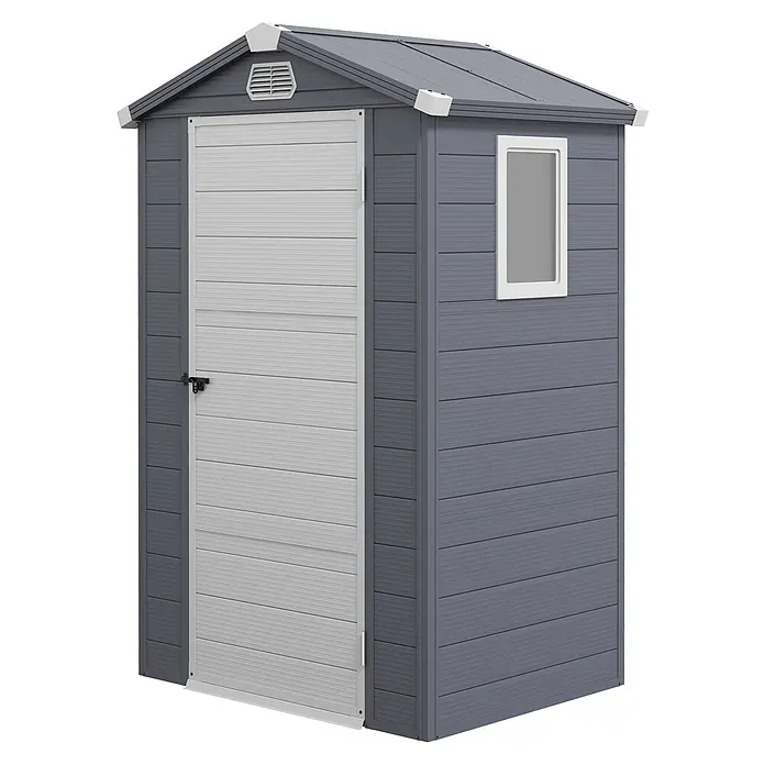 Outsunny Gerätehaus - Außenbreite inkl. Dachüberstand: 133 cm, Außentiefe inkl. Dachüberstand: 102 cm, Kunststoff, Dunkelgrau - Grauer und weißer Kunststoff-Gartenschuppen mit Einzeltür, Fenster und Dachlüftung für die Lagerung im Freien.