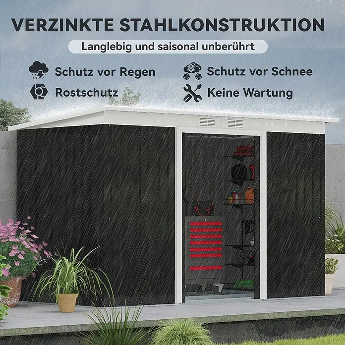 Outsunny Gerätehaus - Außenbreite inkl. Dachüberstand: 280 cm, Außentiefe inkl. Dachüberstand: 130 cm, Stahl, Dunkelgrau - Schwarzer Gartenschuppen aus verzinktem Stahl in Outdoor-Umgebung, langlebig, rost-, regen- und schneesicher sowie wartungsfrei.