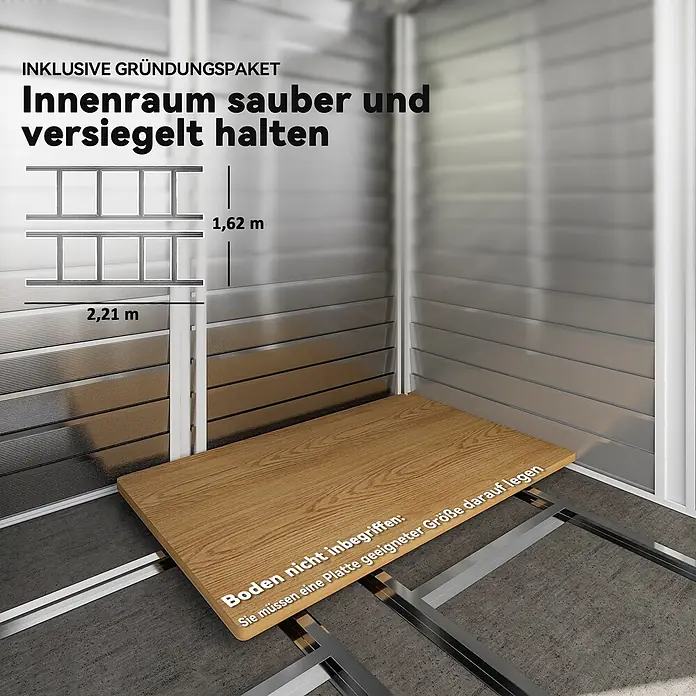 Outsunny Gerätehaus - Außenbreite inkl. Dachüberstand: 240 cm, Außentiefe inkl. Dachüberstand: 206 cm, Stahl, Hellgrau - Metall-Fundamentrahmen für ein Gartenhaus, teilweise mit Holzplatte bedeckt. Maße 1,62m x 2,21m. Boden nicht inbegriffen.