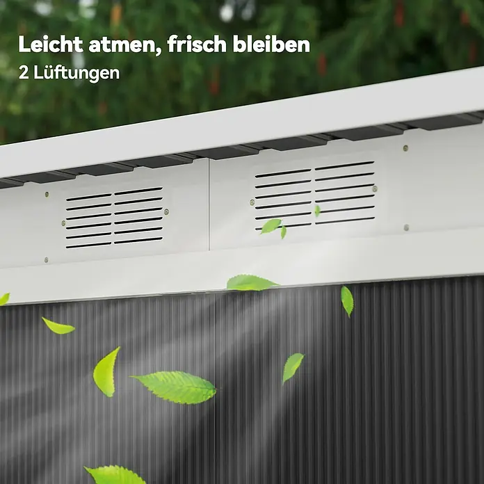 Outsunny Gerätehaus - Außenbreite inkl. Dachüberstand: 280 cm, Außentiefe inkl. Dachüberstand: 130 cm, Stahl, Dunkelgrau - Zwei weiße Lüftungsgitter an einer Struktur, mit herumfliegenden Blättern, die Luftzirkulation zeigen.
