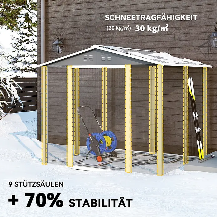 Outsunny Gerätehaus - Außenbreite inkl. Dachüberstand: 240 cm, Außentiefe inkl. Dachüberstand: 206 cm, Stahl, Hellgrau - Grauer Carport/Geräteschuppen im Schnee, zeigt 9 Stützsäulen, erhöhte Stabilität und 30 kg/m² Schneetragfähigkeit.