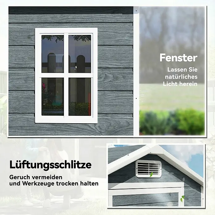 Outsunny Gerätehaus - Außenbreite inkl. Dachüberstand: 128 cm, Außentiefe inkl. Dachüberstand: 104 cm, Aluminium, Grau - Graues Gartenhaus in Holzoptik mit weißem Fenster für Licht und weißem Lüftungsschlitz für Belüftung.