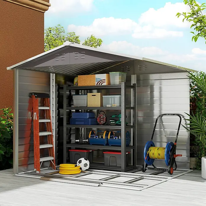 Outsunny Gerätehaus - Außenbreite inkl. Dachüberstand: 240 cm, Außentiefe inkl. Dachüberstand: 206 cm, Stahl, Hellgrau - Metallgraues Gartenhaus, offen, mit organisierten Regalen für Werkzeuge und Gartenzubehör auf Holzterrasse.