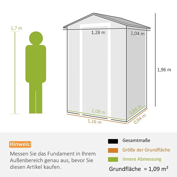 Outsunny Gerätehaus - Außenbreite inkl. Dachüberstand: 128 cm, Außentiefe inkl. Dachüberstand: 104 cm, Aluminium, Grau - Diagramm eines Gartenhauses mit Maßen, neben einer 1,7 m großen Person zur Skalierung. Es zeigt Außen-, Grundflächen- und Innenabmessungen.