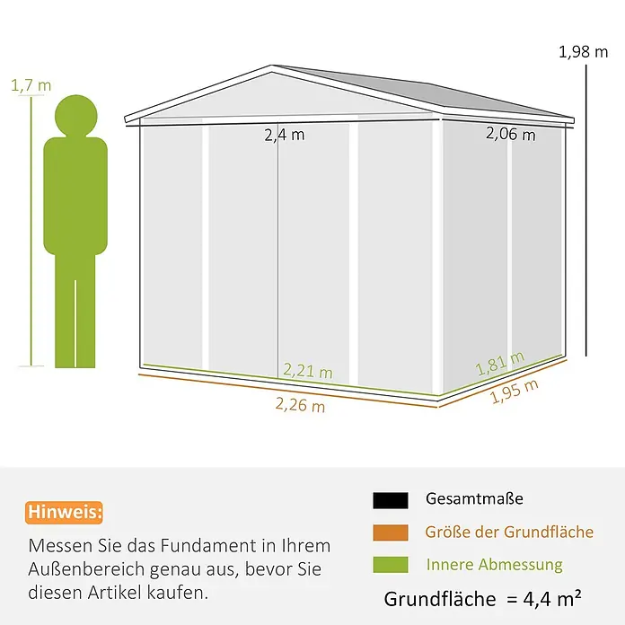 Outsunny Gerätehaus - Außenbreite inkl. Dachüberstand: 240 cm, Außentiefe inkl. Dachüberstand: 206 cm, Stahl, Hellgrau - Technische Zeichnung eines Gartenhauses mit detaillierten Außen-, Fundament- und Innenmaßen, inklusive Person zur Größenreferenz.