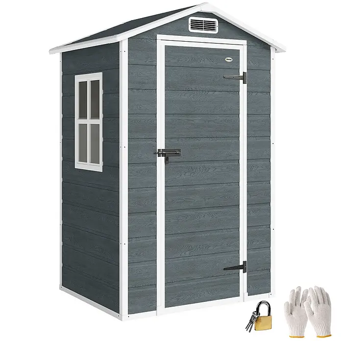 Outsunny Gerätehaus - Außenbreite inkl. Dachüberstand: 128 cm, Außentiefe inkl. Dachüberstand: 104 cm, Aluminium, Grau - Dunkelgrauer Geräteschuppen in Holzoptik mit weißer Zierleiste, Fenster, Tür und Lüftungsgitter. Inklusive Vorhängeschloss, Schlüsseln und Handschuhen.