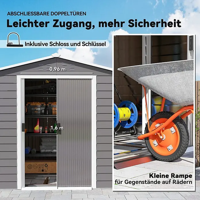 Outsunny Gerätehaus - Außenbreite inkl. Dachüberstand: 240 cm, Außentiefe inkl. Dachüberstand: 206 cm, Stahl, Hellgrau - Graues Gartenhaus mit abschließbaren Doppeltüren (0,96x1,6m) und kleiner Rampe für leichten Zugang mit Rollartikeln.