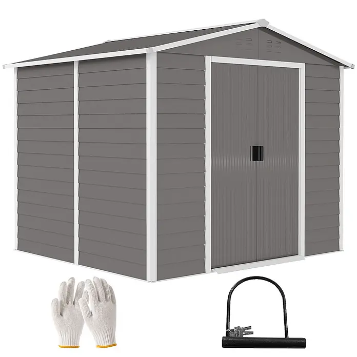 Outsunny Gerätehaus - Außenbreite inkl. Dachüberstand: 240 cm, Außentiefe inkl. Dachüberstand: 206 cm, Stahl, Hellgrau - Grauer Metall-Gartenschuppen mit weißem Rand, Arbeitshandschuhen und einem Bügelschloss mit Schlüsseln.