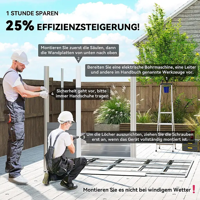 Outsunny Gerätehaus - Außenbreite inkl. Dachüberstand: 240 cm, Außentiefe inkl. Dachüberstand: 206 cm, Stahl, Hellgrau - Zwei Personen montieren einen silbernen modularen Outdoor-Strukturrahmen auf einer Terrasse, mit Montageanleitung.