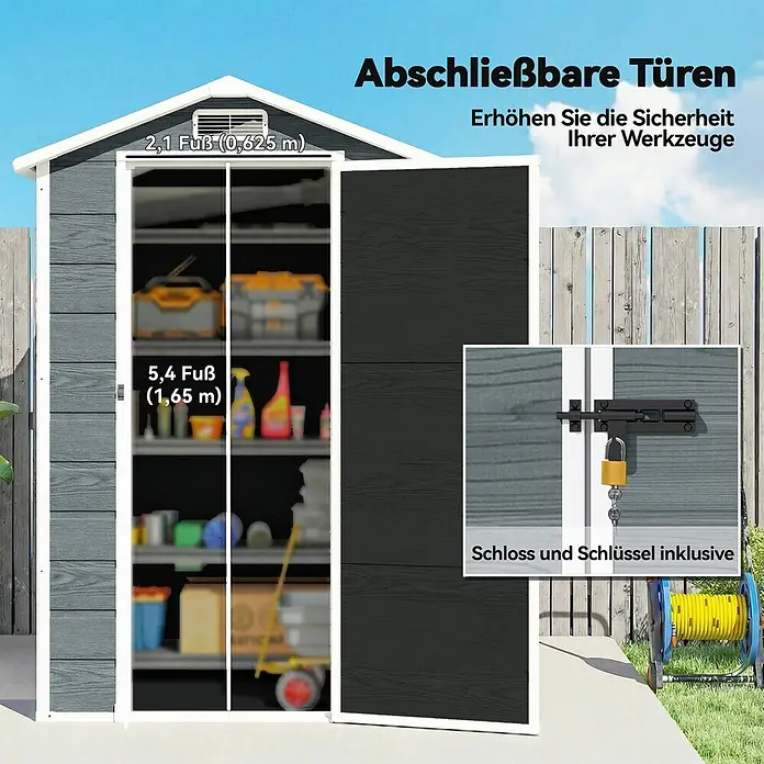 Outsunny Gerätehaus - Außenbreite inkl. Dachüberstand: 128 cm, Außentiefe inkl. Dachüberstand: 104 cm, Aluminium, Grau - Dunkelgrauer Geräteschuppen mit weißem Rand, zeigt offene abschließbare Türen, Maße (0,625m x 1,65m) und Nahaufnahme des Schlosses mit Schlüssel.