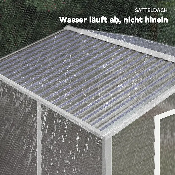 Outsunny Gerätehaus - Außenbreite inkl. Dachüberstand: 240 cm, Außentiefe inkl. Dachüberstand: 206 cm, Stahl, Hellgrau - Satteldach eines Schuppens im Regen, das einen effizienten Wasserablauf zeigt.