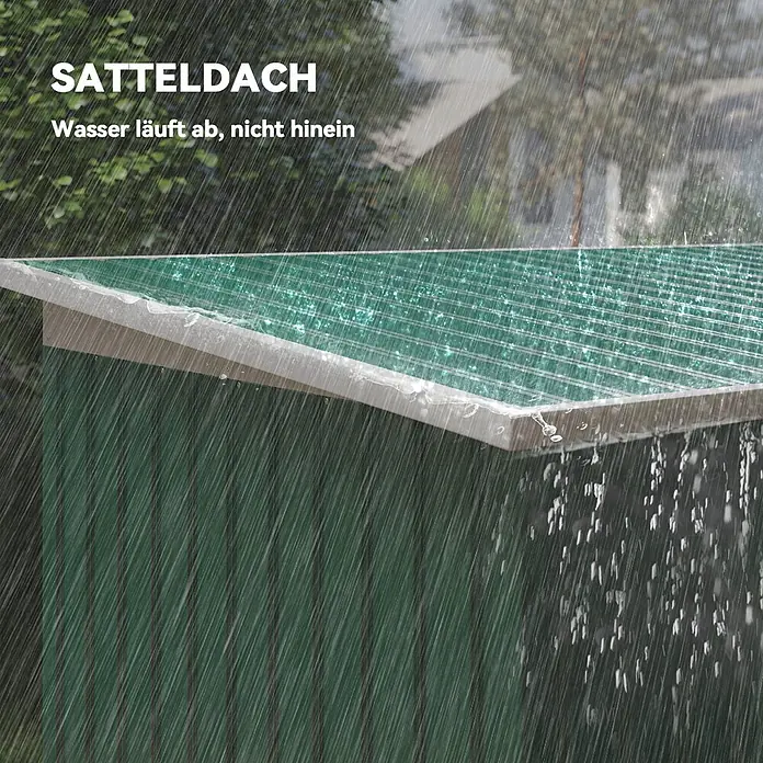 Outsunny Gerätehaus - Außenbreite inkl. Dachüberstand: 280 cm, Außentiefe inkl. Dachüberstand: 130 cm, Stahl, Dunkelgrün - Grünes Satteldach eines Schuppens im Regen, Wasser läuft effizient ab, was seine Wasserdichtigkeit hervorhebt.