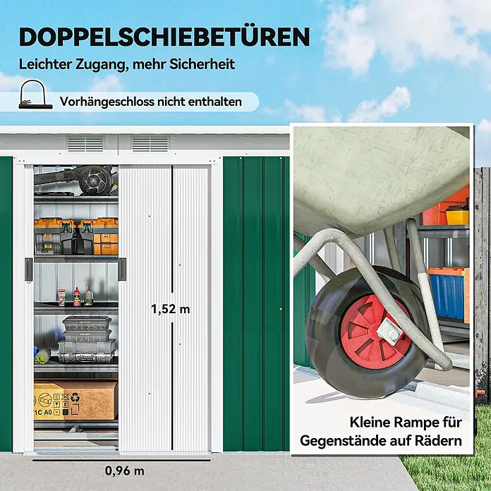 Outsunny Gerätehaus - Außenbreite inkl. Dachüberstand: 280 cm, Außentiefe inkl. Dachüberstand: 130 cm, Stahl, Dunkelgrün - Grün-weißes Metallgerätehaus mit Doppelschiebetüren und kleiner Rampe für einfachen Zugang zu Werkzeugen und Geräten.
