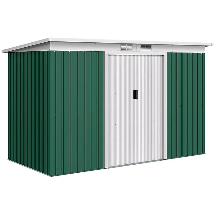 Outsunny Gerätehaus - Außenbreite inkl. Dachüberstand: 280 cm, Außentiefe inkl. Dachüberstand: 130 cm, Stahl, Dunkelgrün - Grün-weißes Gartenhaus aus Wellblech mit Schiebetür und Dachlüftungen.