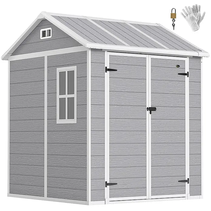 Outsunny Gerätehaus - Außenbreite inkl. Dachüberstand: 181 cm, Außentiefe inkl. Dachüberstand: 181 cm, Aluminium, Grau - Graues Kunststoff-Gartenhaus mit weißem Rahmen, Fenster und Doppeltüren, gezeigt mit Vorhängeschloss, Schlüsseln und Handschuhen.
