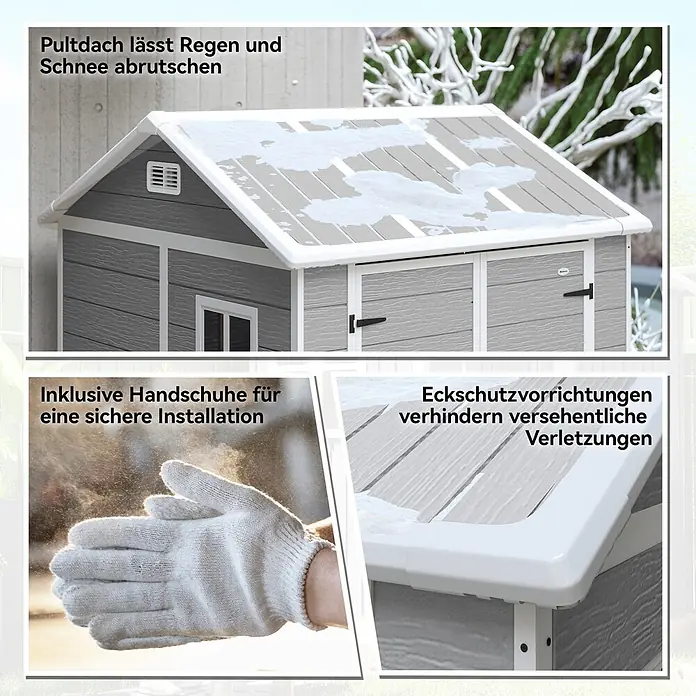 Outsunny Gerätehaus - Außenbreite inkl. Dachüberstand: 181 cm, Außentiefe inkl. Dachüberstand: 181 cm, Aluminium, Grau - Grauer Geräteschuppen mit Pultdach für Schneeabrutsch, Eckschutz und Montagehandschuhen.