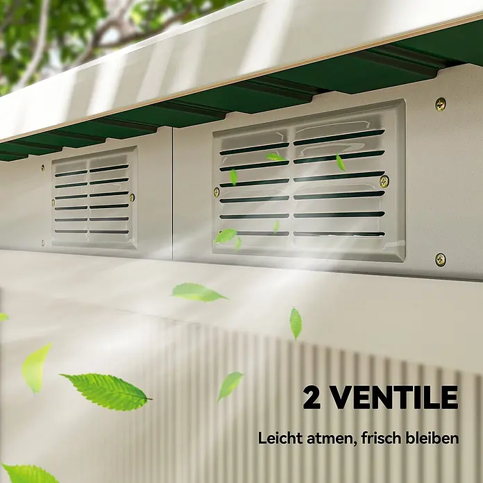 Outsunny Gerätehaus - Außenbreite inkl. Dachüberstand: 280 cm, Außentiefe inkl. Dachüberstand: 130 cm, Stahl, Dunkelgrün - Zwei helle, rechteckige Lüftungsgitter an einer Struktur, mit schwebenden Blättern, die frische Luftzirkulation andeuten.