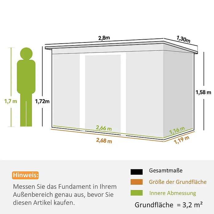 Outsunny Gerätehaus - Außenbreite inkl. Dachüberstand: 280 cm, Außentiefe inkl. Dachüberstand: 130 cm, Stahl, Dunkelgrau - Maße eines Schuppens mit Außen-, Grundriss- und Innenmaßen. Eine 1,7 m große Person dient als Maßstab.